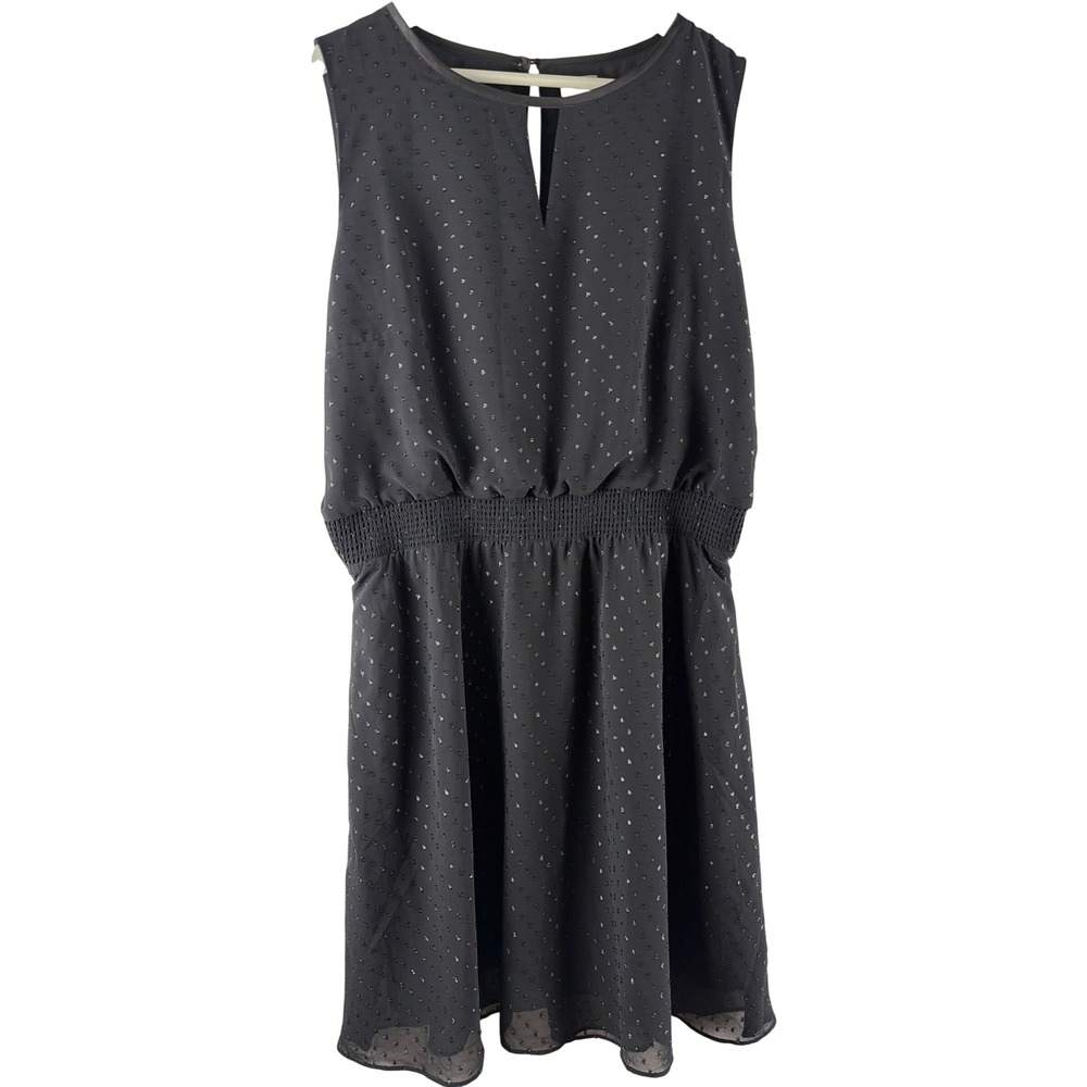 Chicos Black Metallic Clip Dot‎ Smocked Waist Sleeveless Dress Sz 3/XL/16 Lined